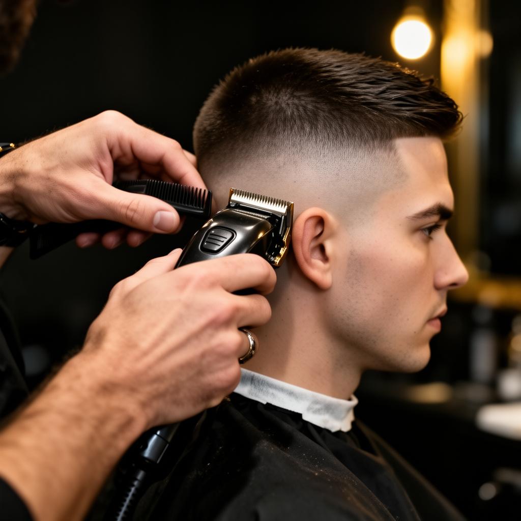 Skilled barber giving a precision fade